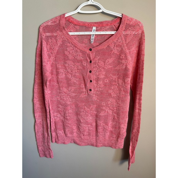 Aeropostale Tops - Aeropostale Crochet Henley Top L Sheer Pink Floral Knit Boho Cottagecore Y2K Vtg